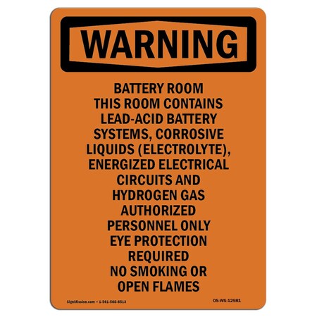 Signmission Safety Sign, OSHA WARNING, 10" Height, Rigid Plastic, Battery Room This Room Contains, Portrait OS-WS-P-710-V-12981